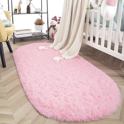 Oval Fluffy Rug Carpets for Kids Bedroom,2.6x5.4ft,Pink