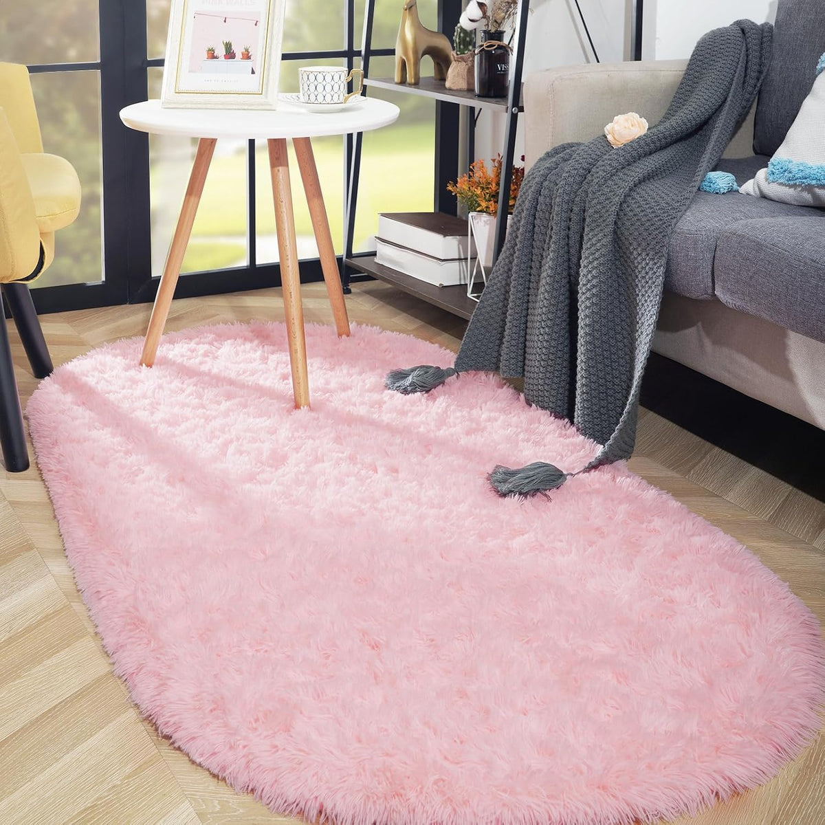 Oval Fluffy Rug Carpets for Kids Bedroom,2.6x5.4ft,Pink