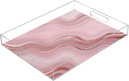 Pink Marble Serving Tray 12" x 16" Acrylic Trays with Handles Decorative Serving Platter for Coffee, Breakfast in Bed, Dinner, Appetizers, Patio, Party