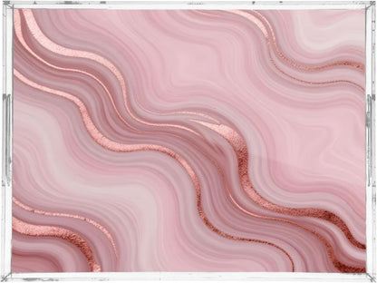 Pink Marble Serving Tray 12" x 16" Acrylic Trays with Handles Decorative Serving Platter for Coffee, Breakfast in Bed, Dinner, Appetizers, Patio, Party