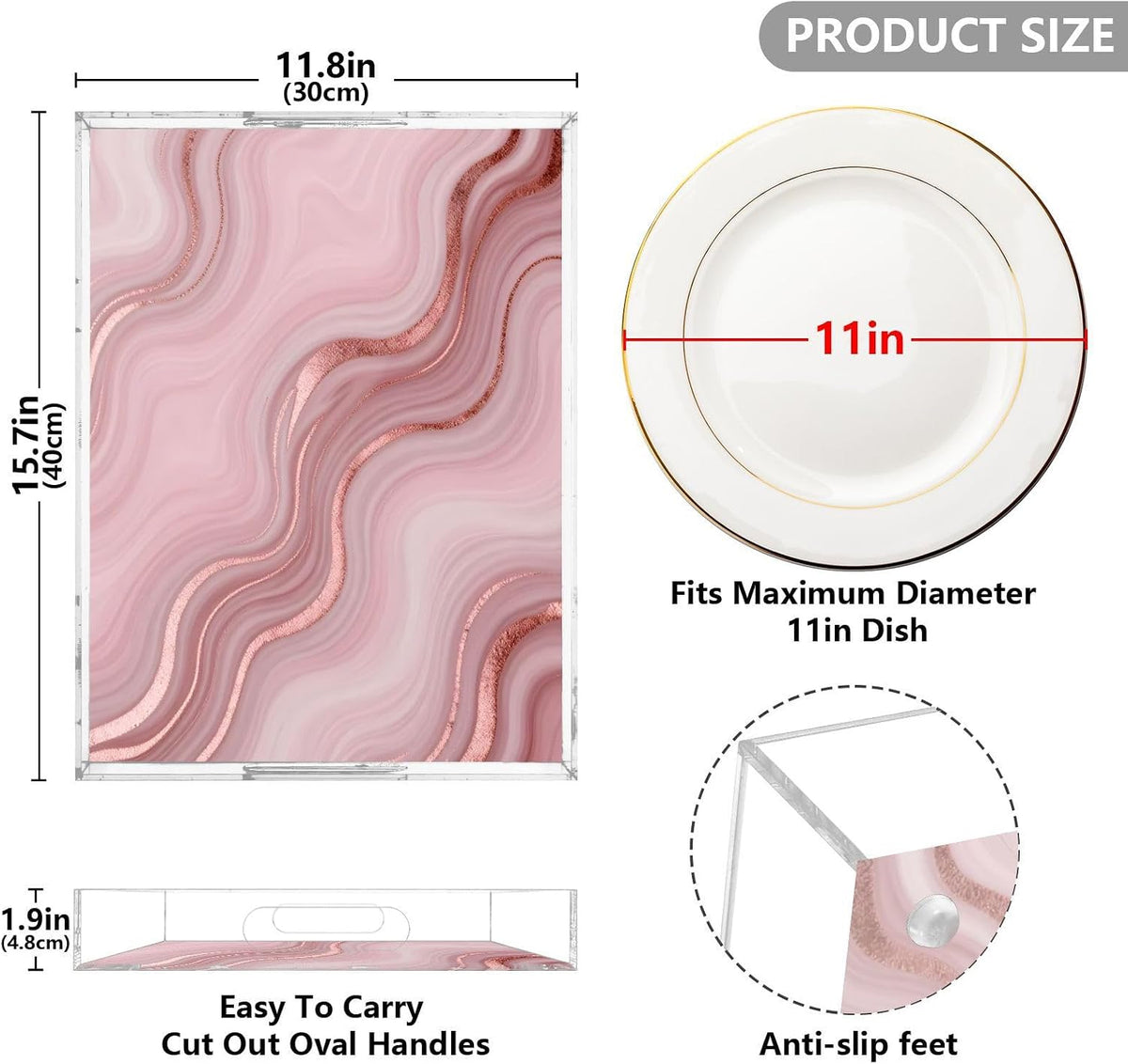 Pink Marble Serving Tray 12" x 16" Acrylic Trays with Handles Decorative Serving Platter for Coffee, Breakfast in Bed, Dinner, Appetizers, Patio, Party