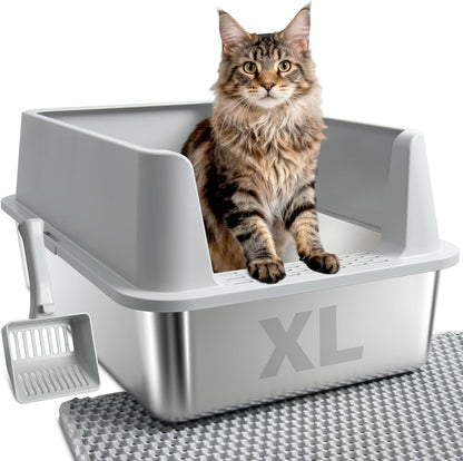 XL Stainless Steel Litter Box with High Sides, Extra Large Metal Cat Litter Box for Big Cats, Anti-Urine Leakage, Easy Clean, Non-Sticky, Includes Scoop & Mat