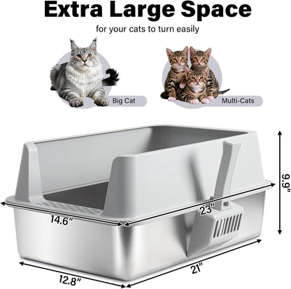 XL Stainless Steel Litter Box with High Sides, Extra Large Metal Cat Litter Box for Big Cats, Anti-Urine Leakage, Easy Clean, Non-Sticky, Includes Scoop & Mat