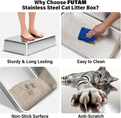 XL Stainless Steel Litter Box with High Sides, Extra Large Metal Cat Litter Box for Big Cats, Anti-Urine Leakage, Easy Clean, Non-Sticky, Includes Scoop & Mat