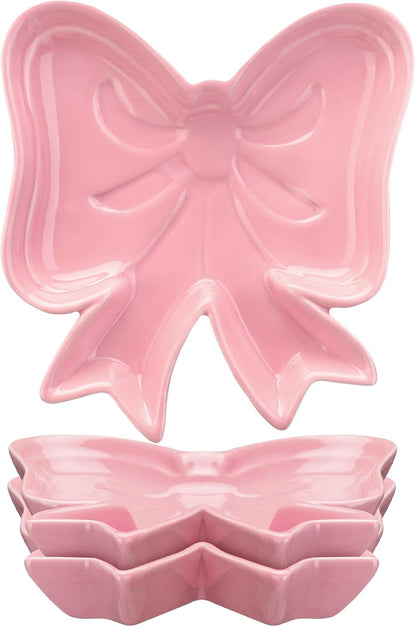 2 Pcs Pink Bow Ceramic Jewelry Dish Trinket Tray Ring Holder