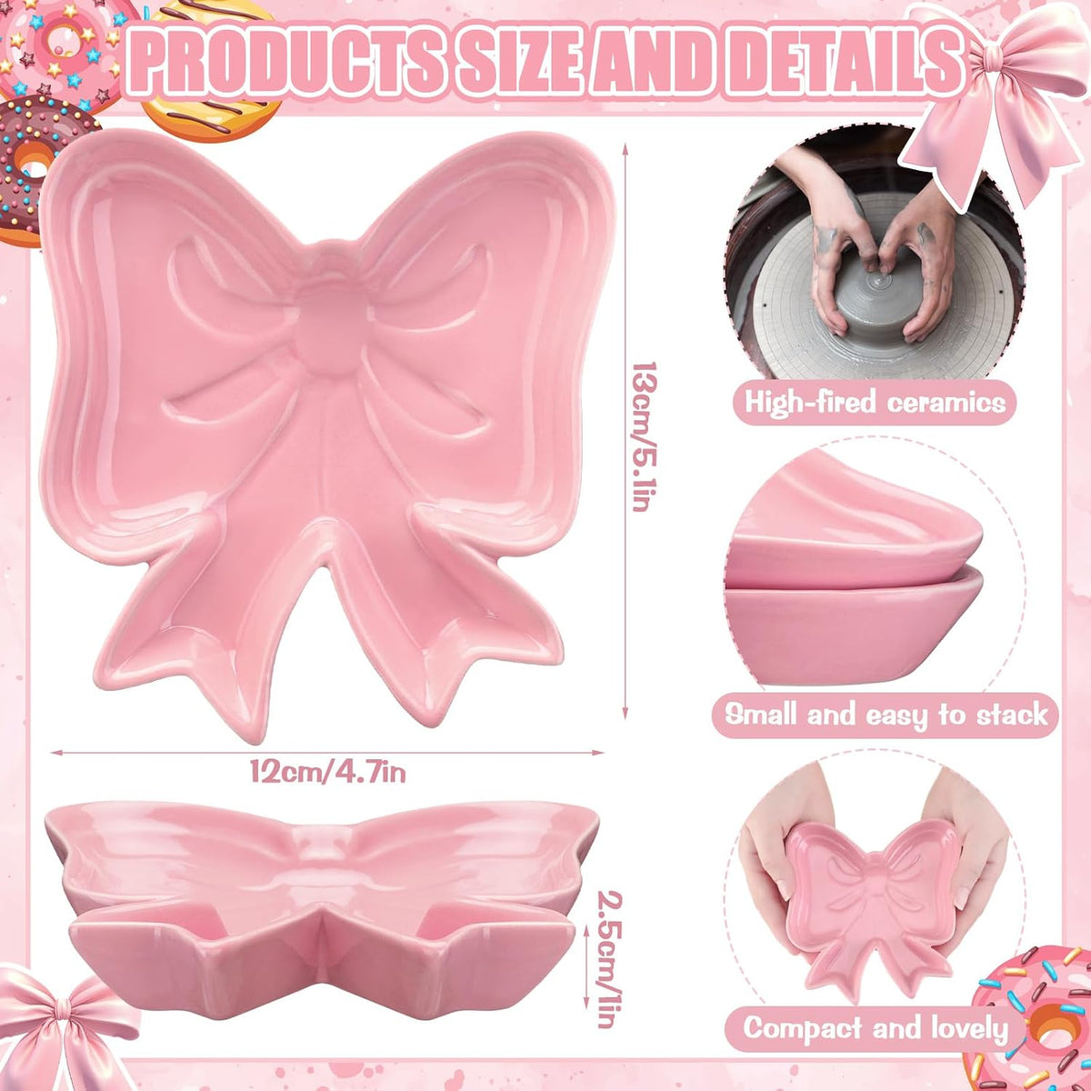 2 Pcs Pink Bow Ceramic Jewelry Dish Trinket Tray Ring Holder