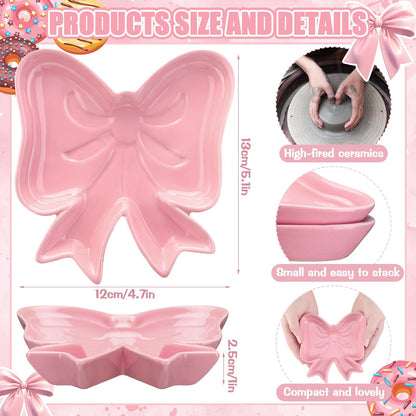 2 Pcs Pink Bow Ceramic Jewelry Dish Trinket Tray Ring Holder