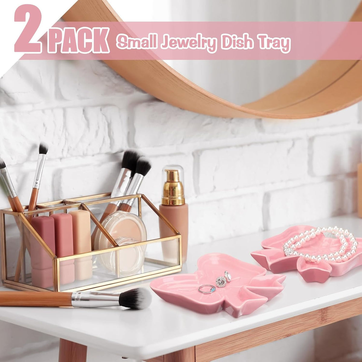 2 Pcs Pink Bow Ceramic Jewelry Dish Trinket Tray Ring Holder