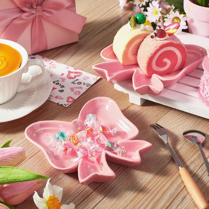 2 Pcs Pink Bow Ceramic Jewelry Dish Trinket Tray Ring Holder