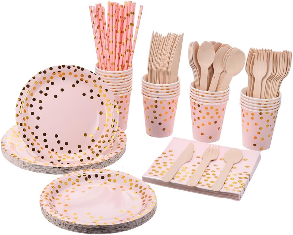 200 Pink Party Supplies - Disposable Dinnerware Set Serves 25, Gold Dots on Pink Paper Plates, Cups & Napkins, Wooden Knives, Spoons & Forks for Baby Shower, Wedding or Bridal Shower