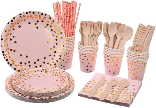 200 Pink Party Supplies - Disposable Dinnerware Set Serves 25, Gold Dots on Pink Paper Plates, Cups & Napkins, Wooden Knives, Spoons & Forks for Baby Shower, Wedding or Bridal Shower