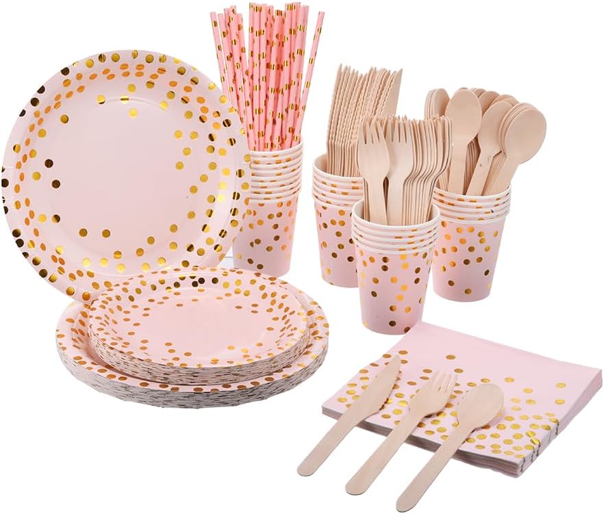 200 Pink Party Supplies - Disposable Dinnerware Set Serves 25, Gold Dots on Pink Paper Plates, Cups & Napkins, Wooden Knives, Spoons & Forks for Baby Shower, Wedding or Bridal Shower
