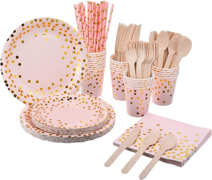 200 Pink Party Supplies - Disposable Dinnerware Set Serves 25, Gold Dots on Pink Paper Plates, Cups & Napkins, Wooden Knives, Spoons & Forks for Baby Shower, Wedding or Bridal Shower