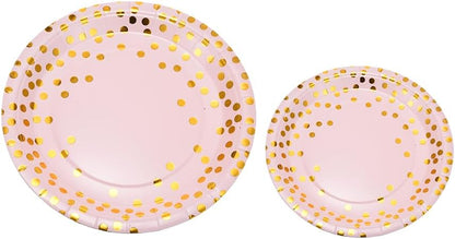 200 Pink Party Supplies - Disposable Dinnerware Set Serves 25, Gold Dots on Pink Paper Plates, Cups & Napkins, Wooden Knives, Spoons & Forks for Baby Shower, Wedding or Bridal Shower