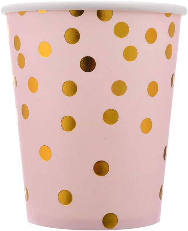 200 Pink Party Supplies - Disposable Dinnerware Set Serves 25, Gold Dots on Pink Paper Plates, Cups & Napkins, Wooden Knives, Spoons & Forks for Baby Shower, Wedding or Bridal Shower