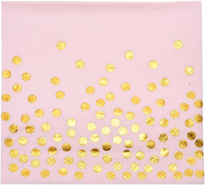 200 Pink Party Supplies - Disposable Dinnerware Set Serves 25, Gold Dots on Pink Paper Plates, Cups & Napkins, Wooden Knives, Spoons & Forks for Baby Shower, Wedding or Bridal Shower