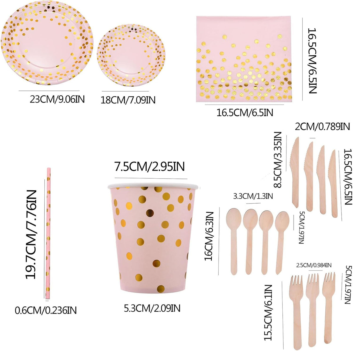 200 Pink Party Supplies - Disposable Dinnerware Set Serves 25, Gold Dots on Pink Paper Plates, Cups & Napkins, Wooden Knives, Spoons & Forks for Baby Shower, Wedding or Bridal Shower