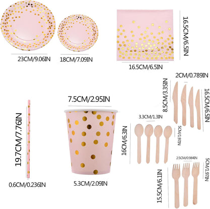 200 Pink Party Supplies - Disposable Dinnerware Set Serves 25, Gold Dots on Pink Paper Plates, Cups & Napkins, Wooden Knives, Spoons & Forks for Baby Shower, Wedding or Bridal Shower