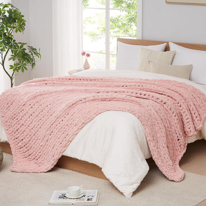 Chunky Knit Throw Blanket for Couch, 50'' x 60'' Knit Throw, Pink