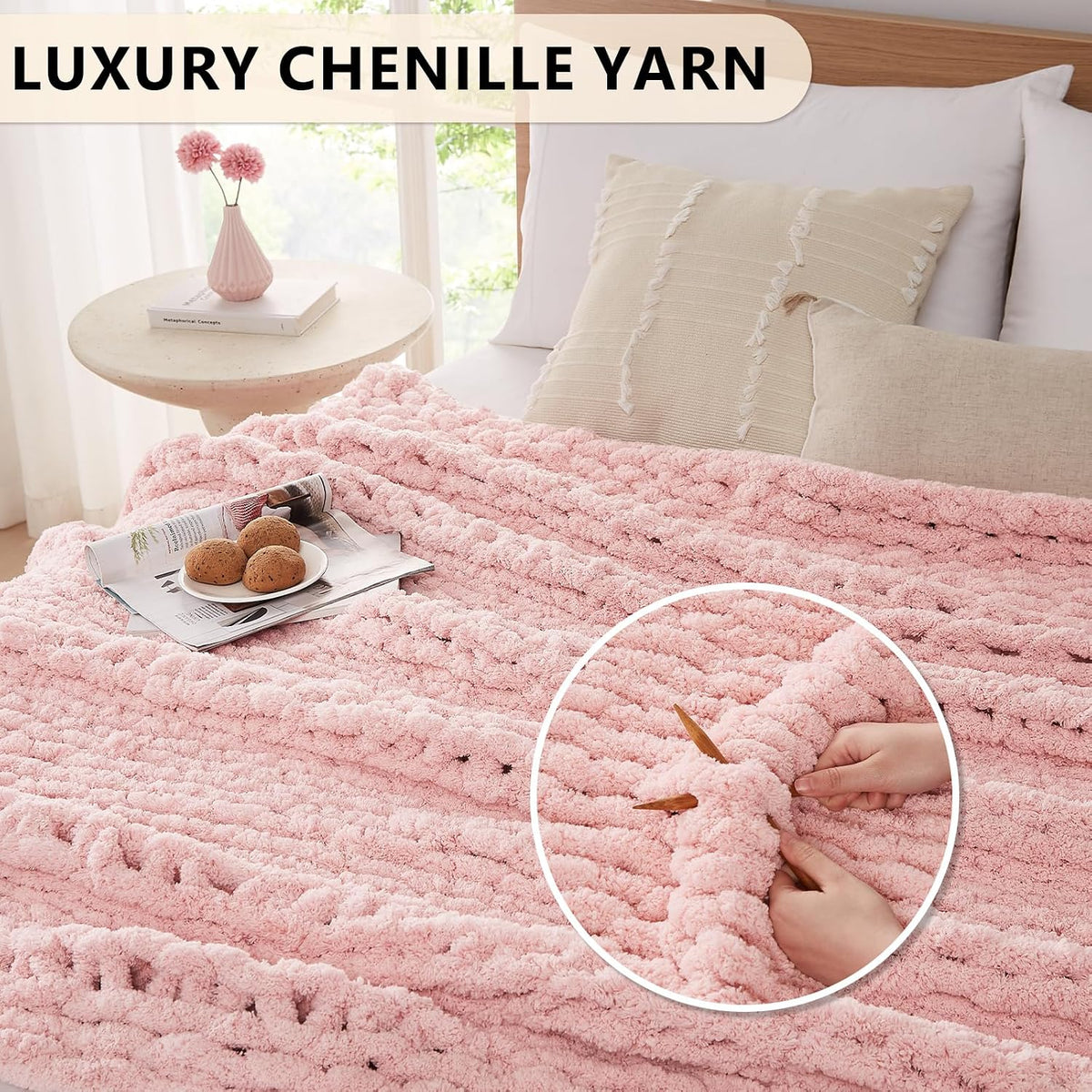 Chunky Knit Throw Blanket for Couch, 50'' x 60'' Knit Throw, Pink
