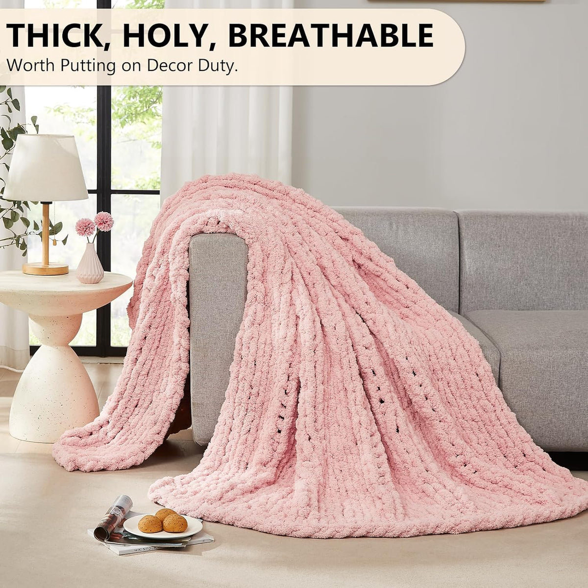 Chunky Knit Throw Blanket for Couch, 50'' x 60'' Knit Throw, Pink