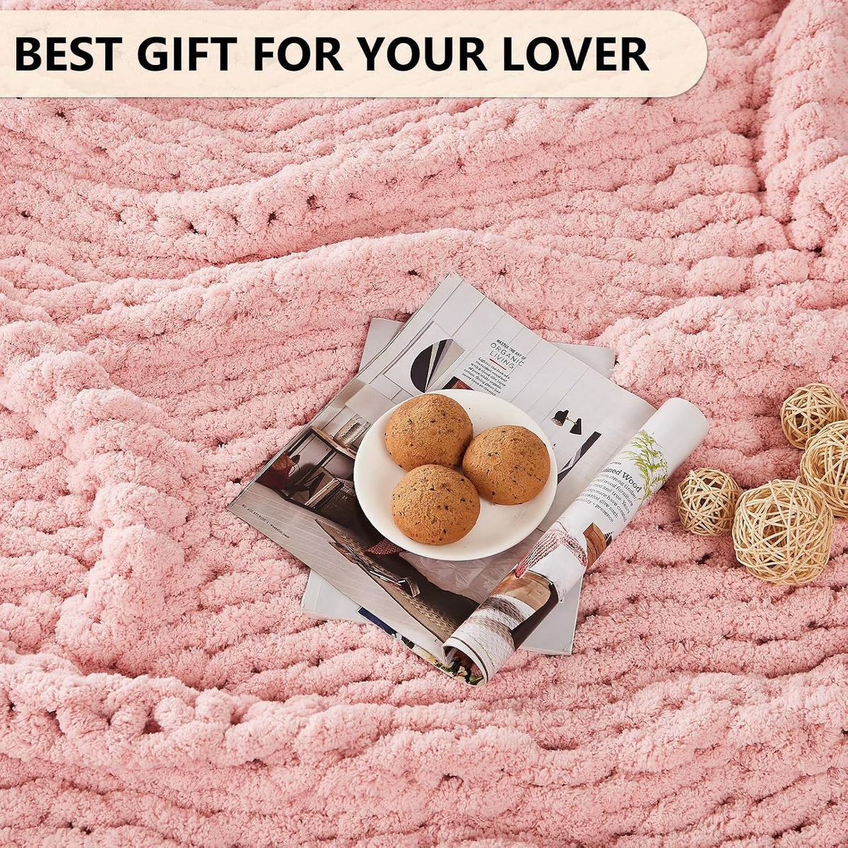 Chunky Knit Throw Blanket for Couch, 50'' x 60'' Knit Throw, Pink