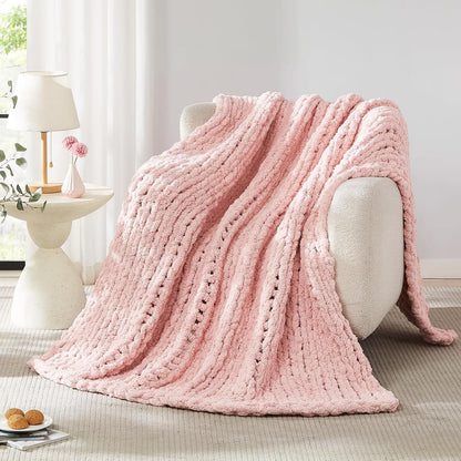 Chunky Knit Throw Blanket for Couch, 50'' x 60'' Knit Throw, Pink