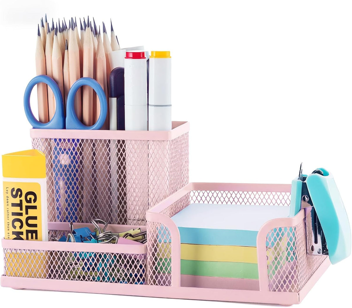 Mesh Pen Holder Desk Organizers Pencil Holder for Desk Pink, 3 Compartments Metal Office Supply Organizer with Sticky Notes Holder for Home Office