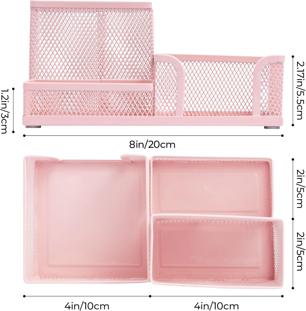 Mesh Pen Holder Desk Organizers Pencil Holder for Desk Pink, 3 Compartments Metal Office Supply Organizer with Sticky Notes Holder for Home Office