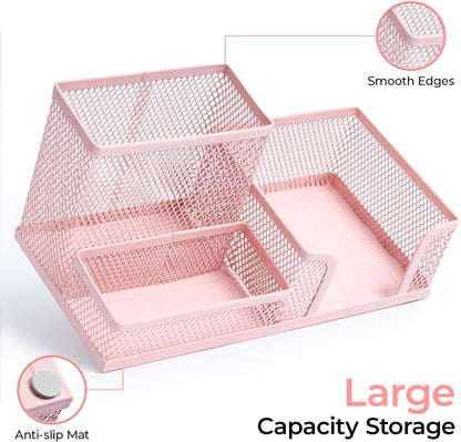 Mesh Pen Holder Desk Organizers Pencil Holder for Desk Pink, 3 Compartments Metal Office Supply Organizer with Sticky Notes Holder for Home Office