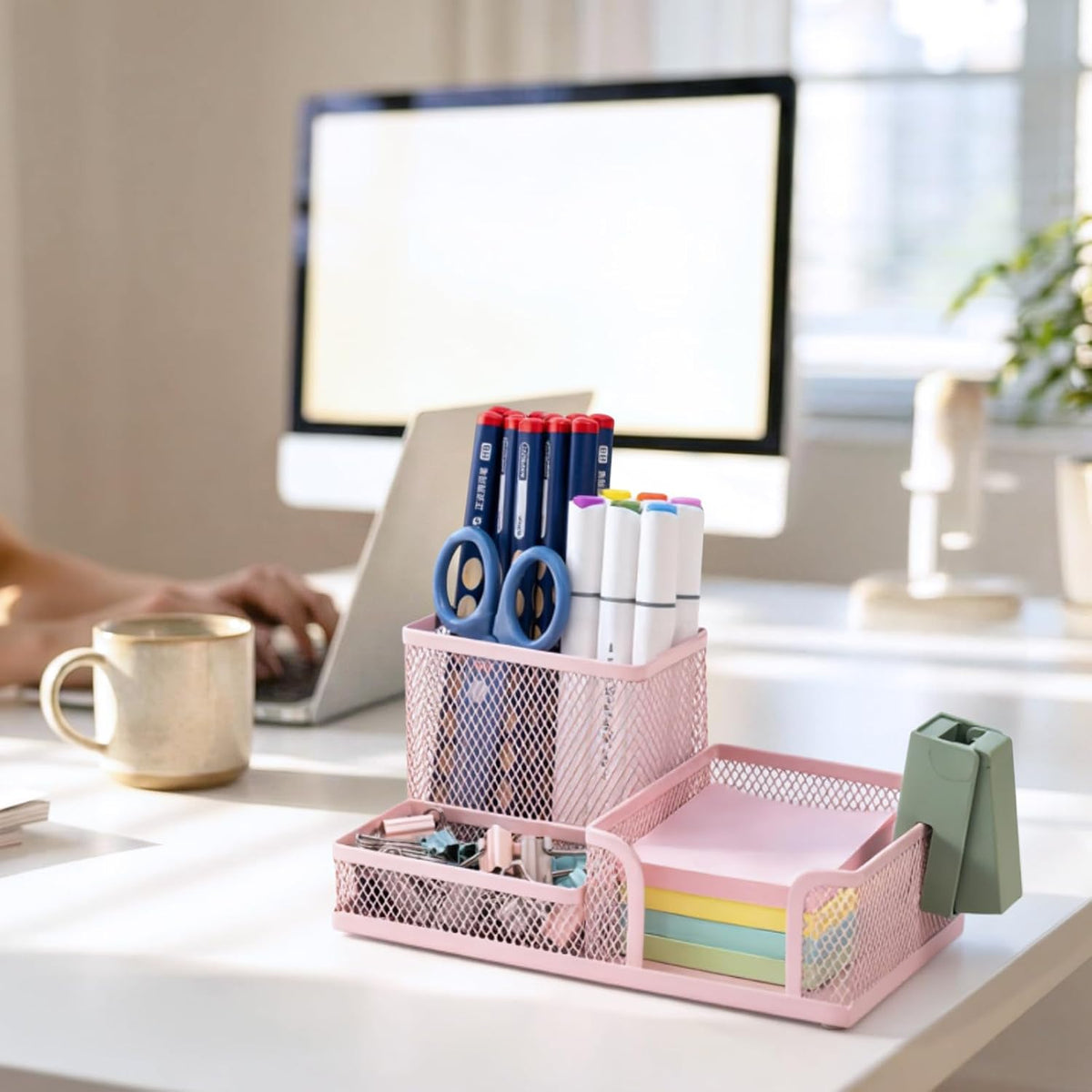 Mesh Pen Holder Desk Organizers Pencil Holder for Desk Pink, 3 Compartments Metal Office Supply Organizer with Sticky Notes Holder for Home Office