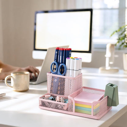 Mesh Pen Holder Desk Organizers Pencil Holder for Desk Pink, 3 Compartments Metal Office Supply Organizer with Sticky Notes Holder for Home Office