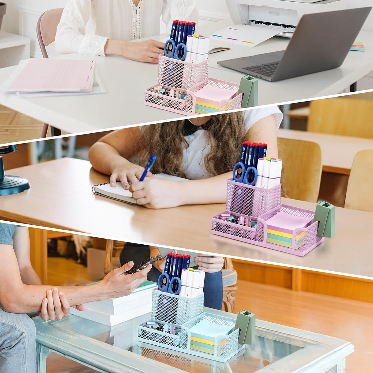 Mesh Pen Holder Desk Organizers Pencil Holder for Desk Pink, 3 Compartments Metal Office Supply Organizer with Sticky Notes Holder for Home Office