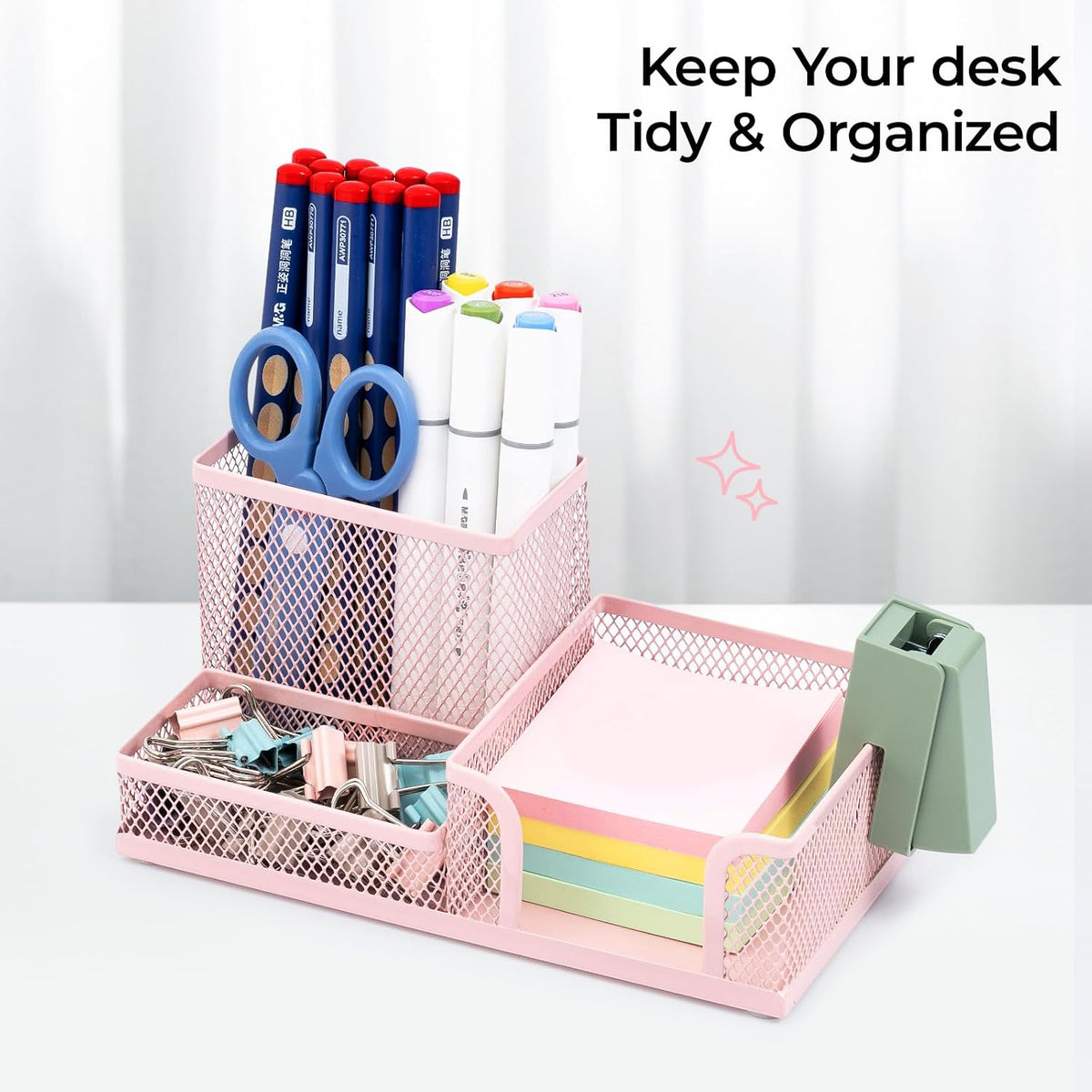 Mesh Pen Holder Desk Organizers Pencil Holder for Desk Pink, 3 Compartments Metal Office Supply Organizer with Sticky Notes Holder for Home Office
