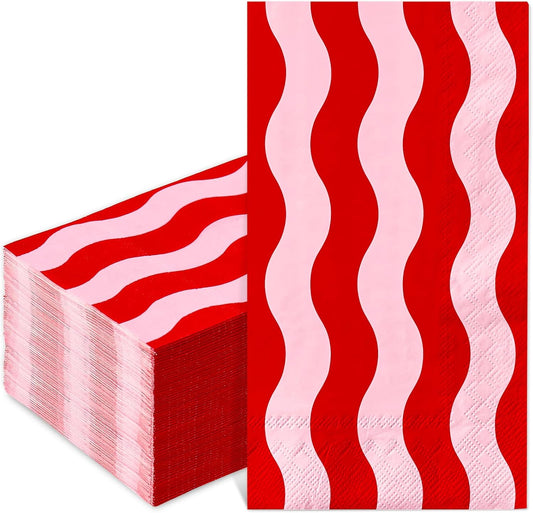Whaline 50Pcs Wavy Stripe Guest Napkins Disposable Napkin Red Pink Dinner Hand Paper Napkins for Wedding Birthday Bridal Baby Shower Party Supplies