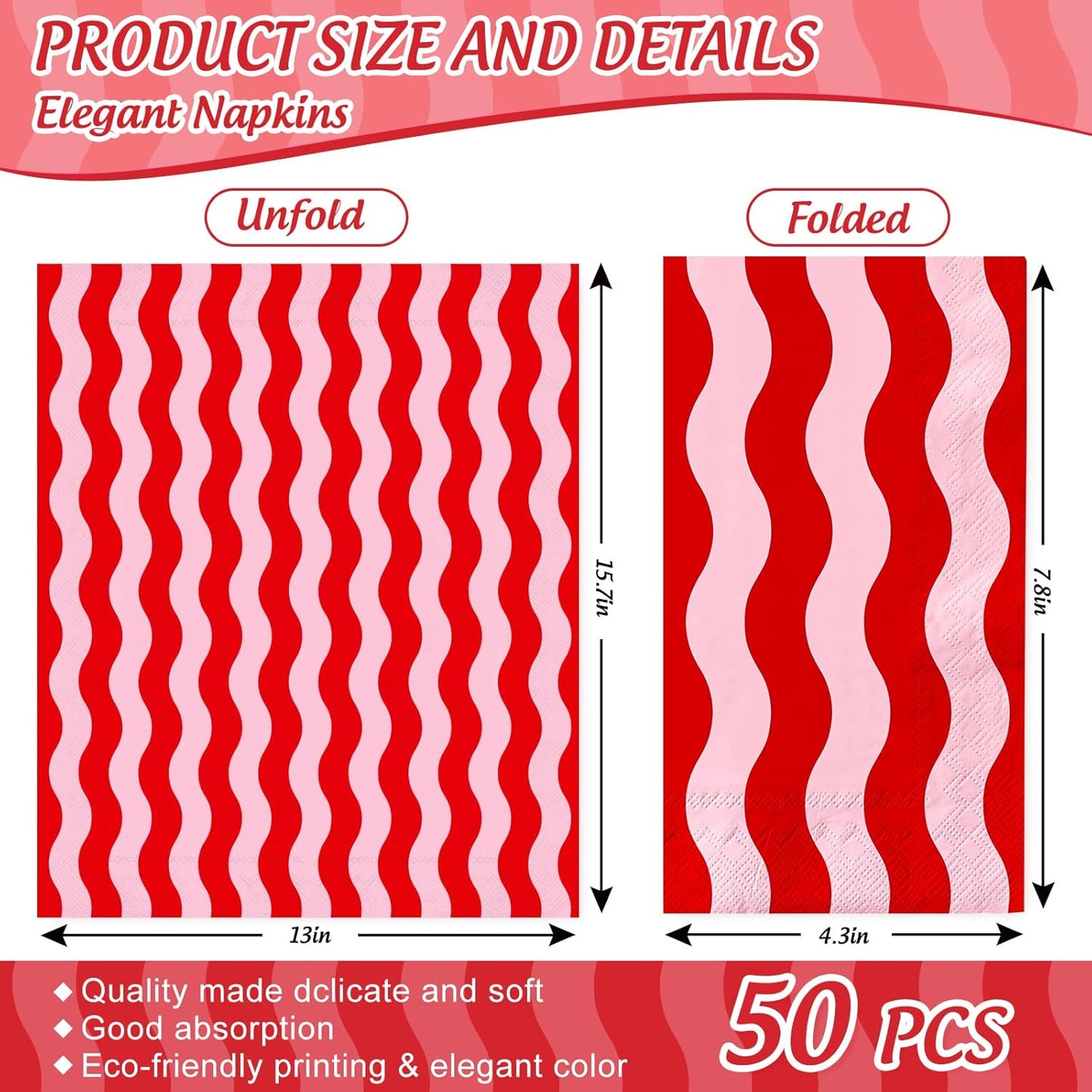 Whaline 50Pcs Wavy Stripe Guest Napkins Disposable Napkin Red Pink Dinner Hand Paper Napkins for Wedding Birthday Bridal Baby Shower Party Supplies
