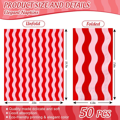 Whaline 50Pcs Wavy Stripe Guest Napkins Disposable Napkin Red Pink Dinner Hand Paper Napkins for Wedding Birthday Bridal Baby Shower Party Supplies