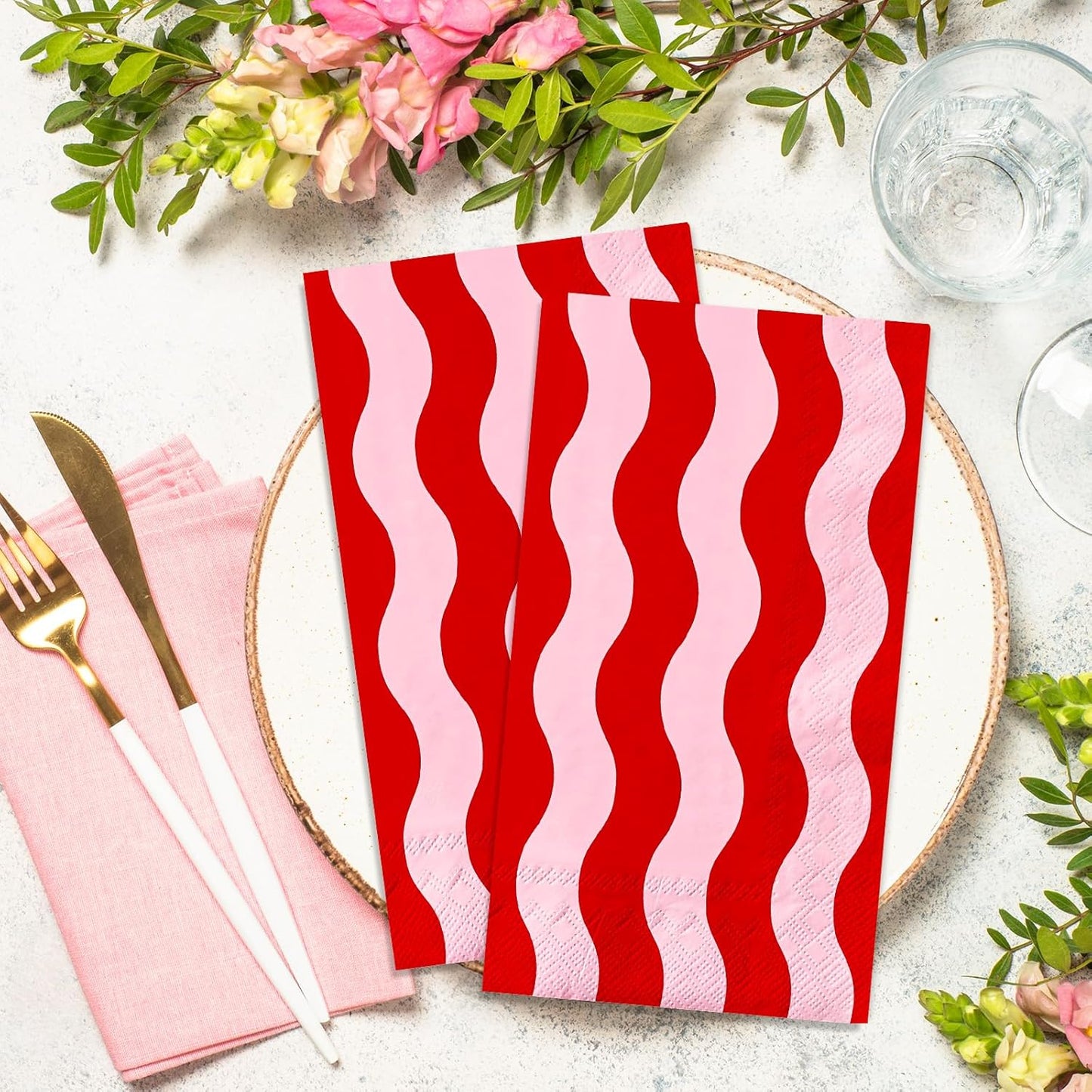 Whaline 50Pcs Wavy Stripe Guest Napkins Disposable Napkin Red Pink Dinner Hand Paper Napkins for Wedding Birthday Bridal Baby Shower Party Supplies