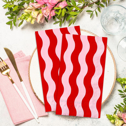 Whaline 50Pcs Wavy Stripe Guest Napkins Disposable Napkin Red Pink Dinner Hand Paper Napkins for Wedding Birthday Bridal Baby Shower Party Supplies