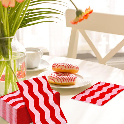 Whaline 50Pcs Wavy Stripe Guest Napkins Disposable Napkin Red Pink Dinner Hand Paper Napkins for Wedding Birthday Bridal Baby Shower Party Supplies