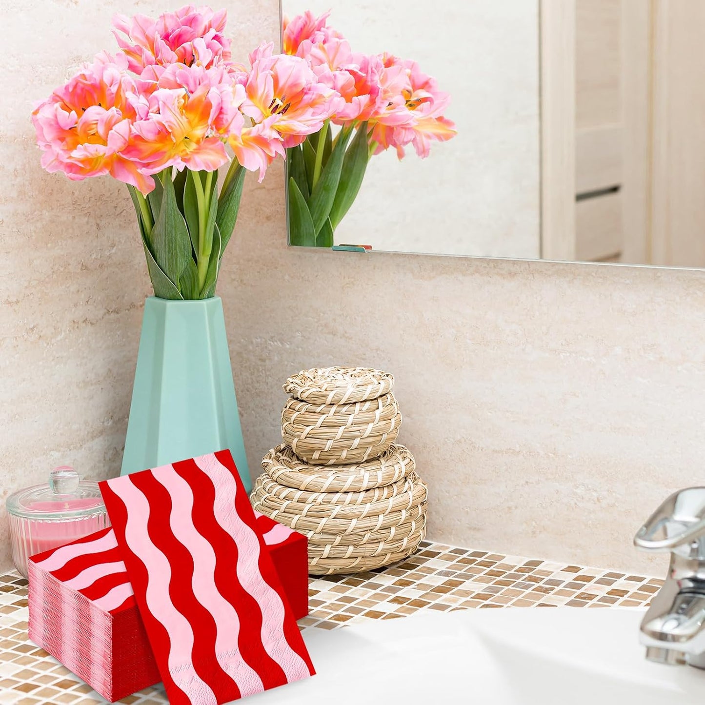 Whaline 50Pcs Wavy Stripe Guest Napkins Disposable Napkin Red Pink Dinner Hand Paper Napkins for Wedding Birthday Bridal Baby Shower Party Supplies