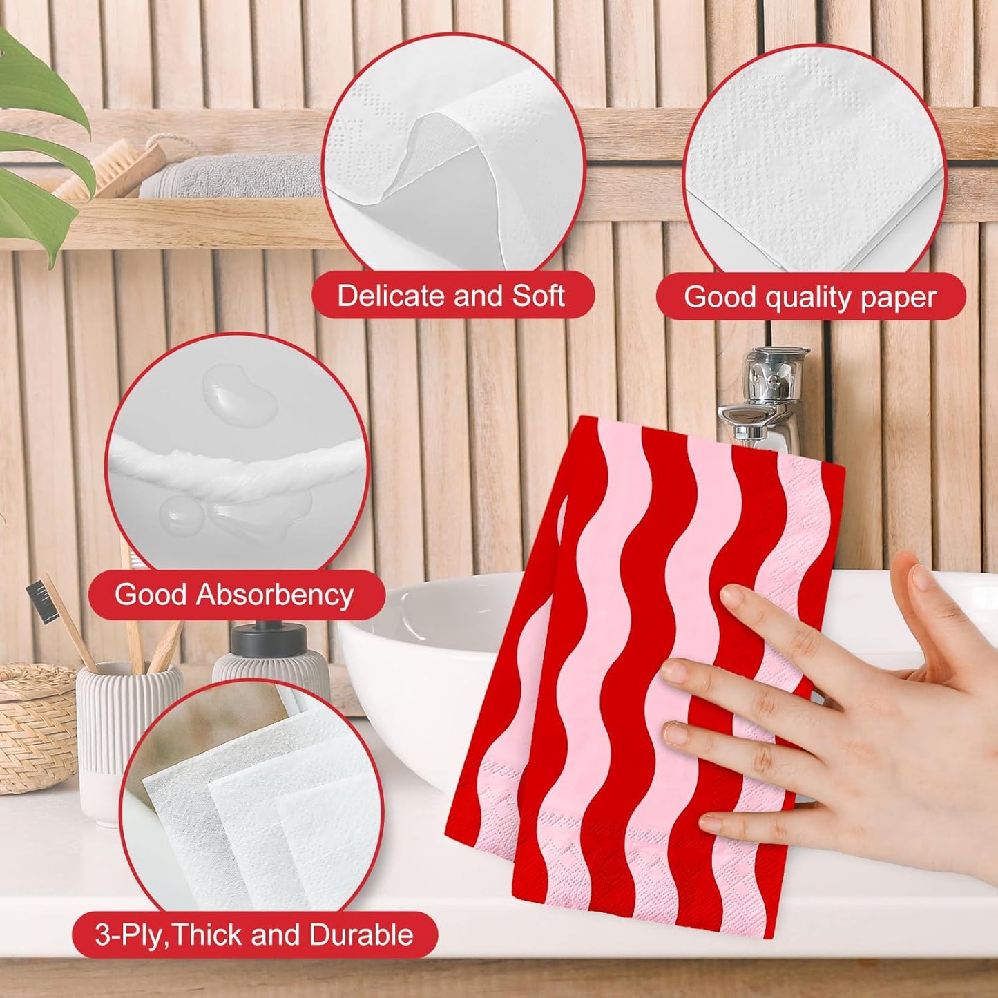 Whaline 50Pcs Wavy Stripe Guest Napkins Disposable Napkin Red Pink Dinner Hand Paper Napkins for Wedding Birthday Bridal Baby Shower Party Supplies