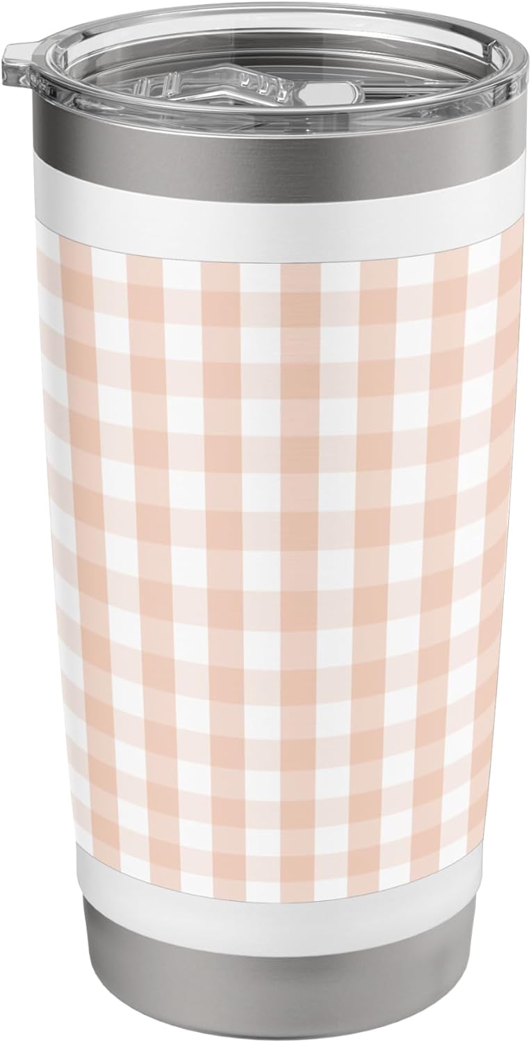 White and Peach Pastel Color Gingham Check Stainless Steel Insulated Tumbler
