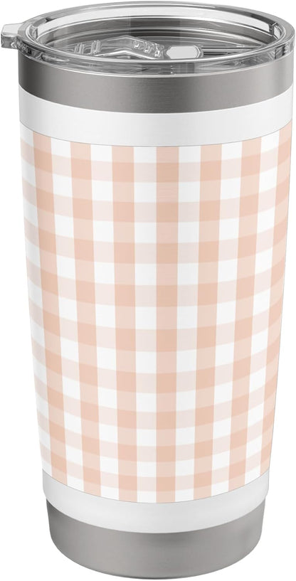 White and Peach Pastel Color Gingham Check Stainless Steel Insulated Tumbler