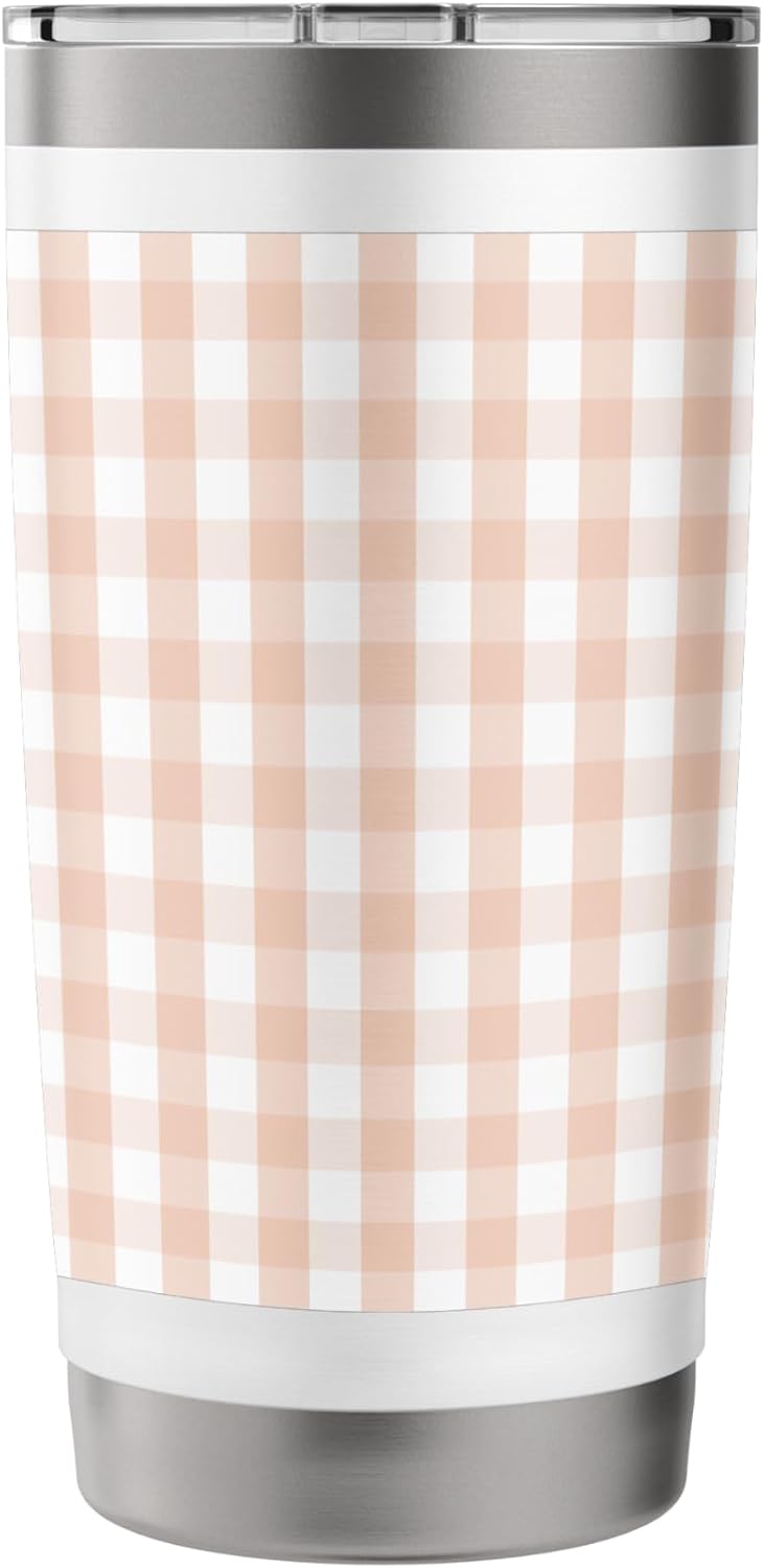 White and Peach Pastel Color Gingham Check Stainless Steel Insulated Tumbler