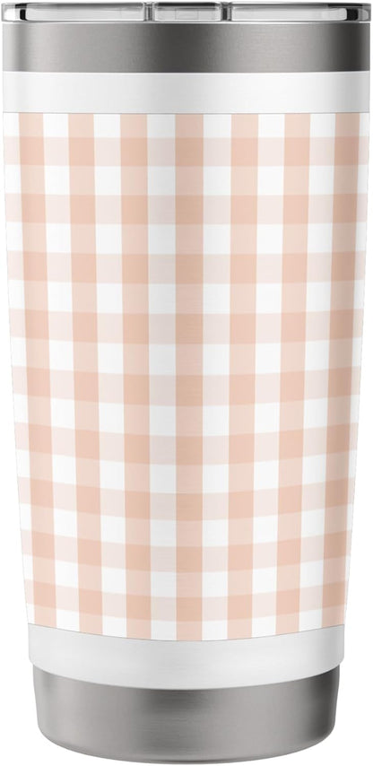 White and Peach Pastel Color Gingham Check Stainless Steel Insulated Tumbler
