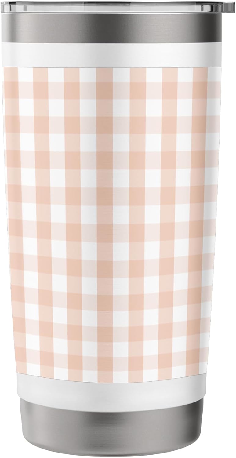 White and Peach Pastel Color Gingham Check Stainless Steel Insulated Tumbler
