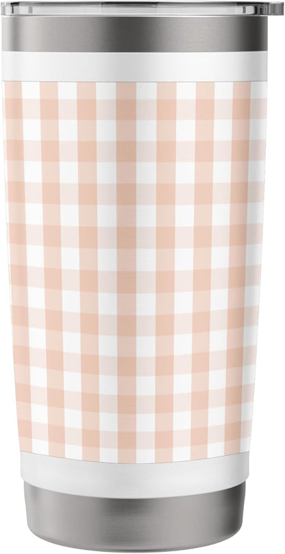 White and Peach Pastel Color Gingham Check Stainless Steel Insulated Tumbler