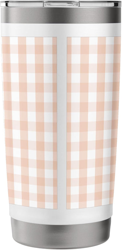 White and Peach Pastel Color Gingham Check Stainless Steel Insulated Tumbler