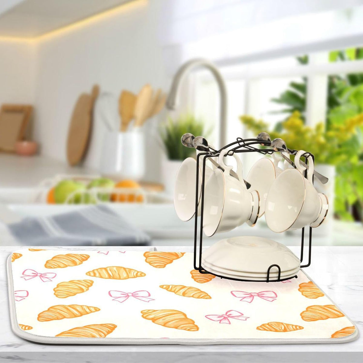 Dish Drying Mats Pink Bows Plaid Croissants Drainer Rack Mat for Counter 16 x 18 Inch Microfiber Dry Dishes Pad Coffee Bar Sink Countertops Mats